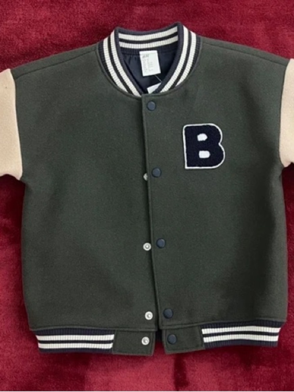 H&M Olive & Cream Kids Letterman Jacket with Navy 'B' Patch